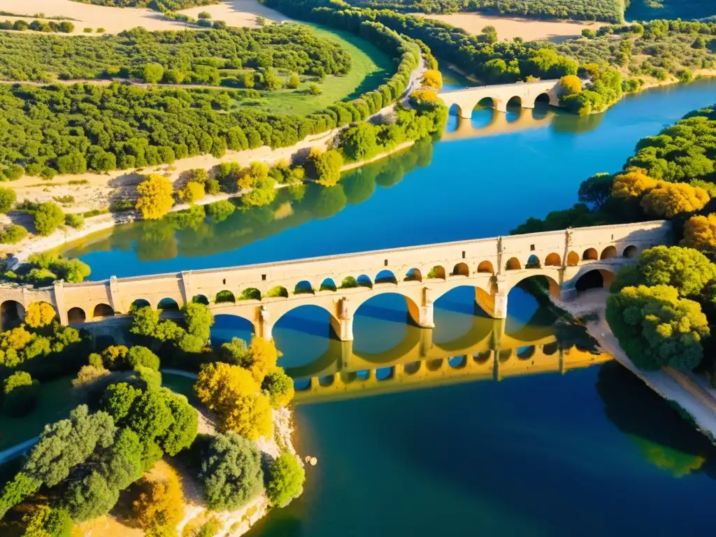 Vista aérea del impresionante puente histórico romano Pont du Gard sobre el río Gardon al atardecer, reflejando sus arcos en aguas tranquilas