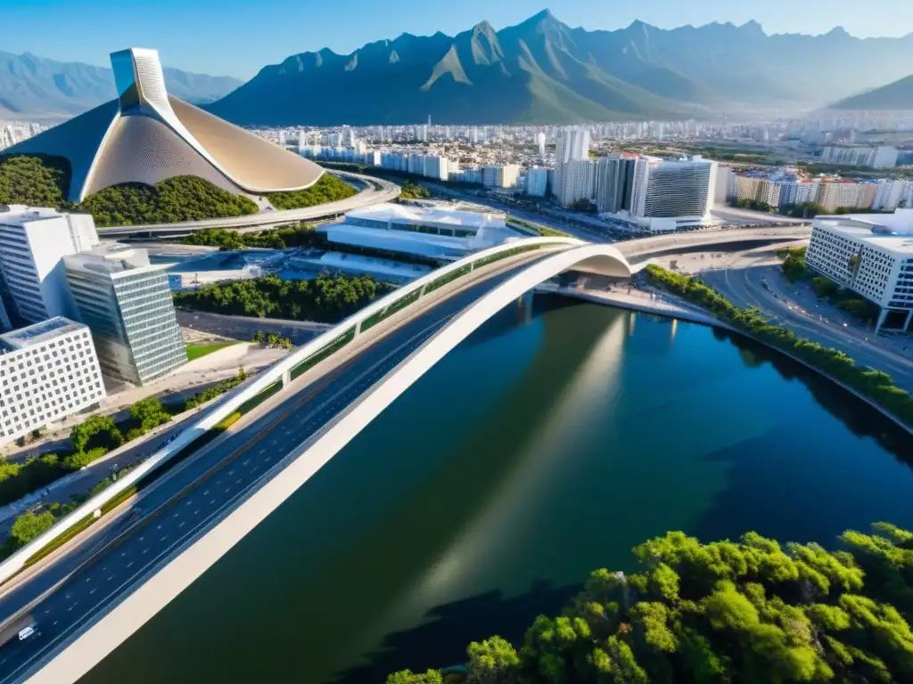 Vista aérea impresionante del Puente de la Unidad Monterrey resaltando su moderna arquitectura y su integración con el skyline de la ciudad