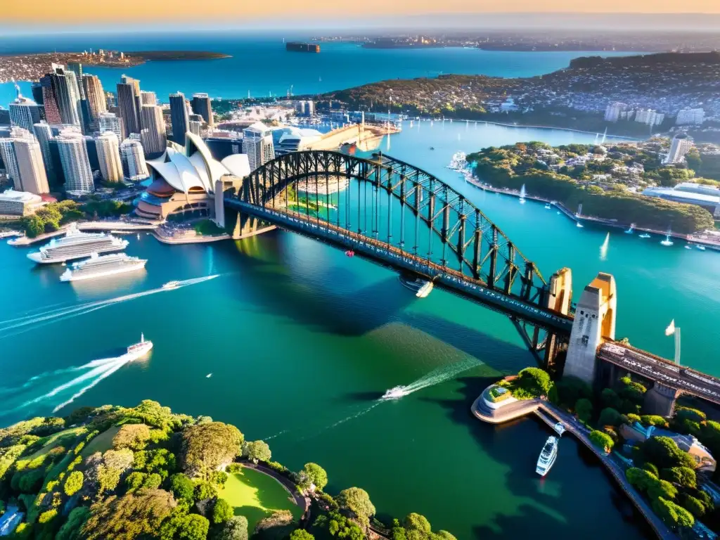 Vista aérea impresionante del Puente de la Bahía de Sídney en Australia, exudando grandeza arquitectónica y conectividad regional en Oceanía