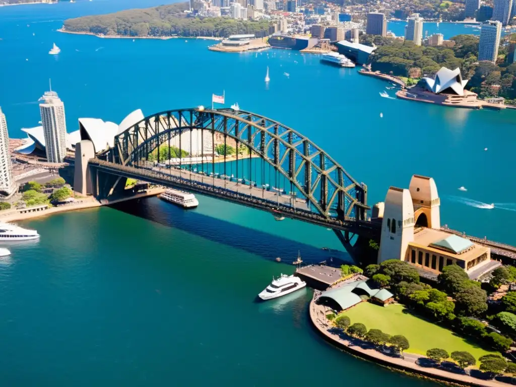 Vista aérea impresionante del Puente de la Bahía de Sydney, con la icónica estructura en contraste con el cielo y el agua