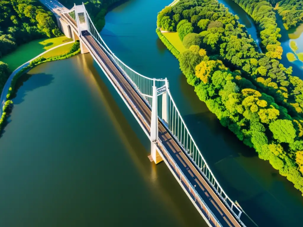 Vista aérea impresionante de un puente majestuoso sobre un río, fotografiado desde el cielo