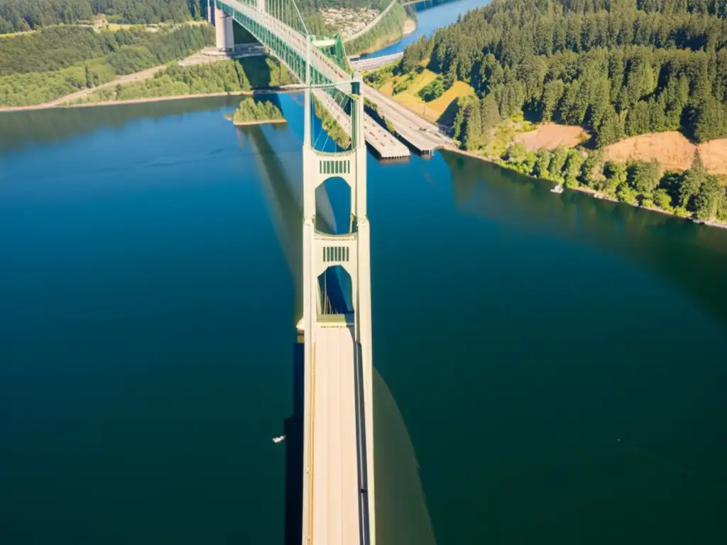 Vista aérea impresionante del Puente de Tacoma Narrows resaltando su diseño moderno y elegante, con detalles arquitectónicos y belleza natural