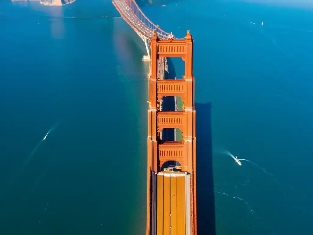 Vista aérea del impresionante Puente Golden Gate en San Francisco, con sus icónicas torres rojo-naranja y sus cables de suspensión, enmarcado por el skyline de la ciudad y las aguas azules de la bahía