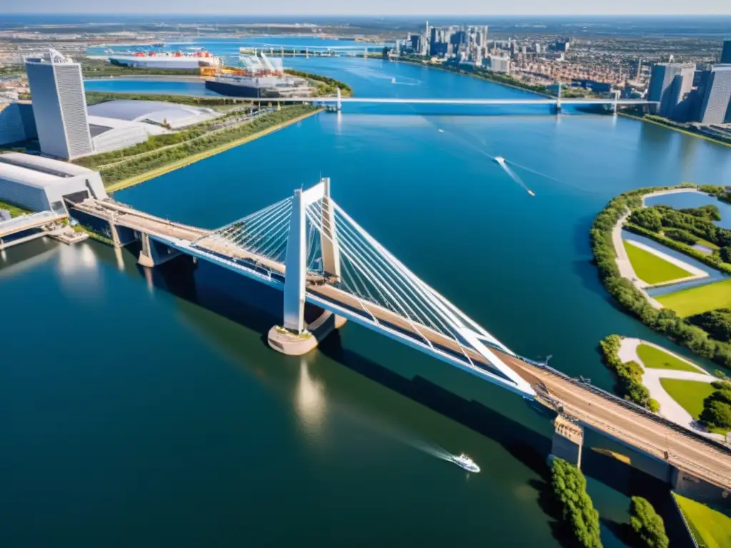 Vista aérea impresionante de un puente levadizo en una ciudad moderna, destacando su majestuosa estructura metálica