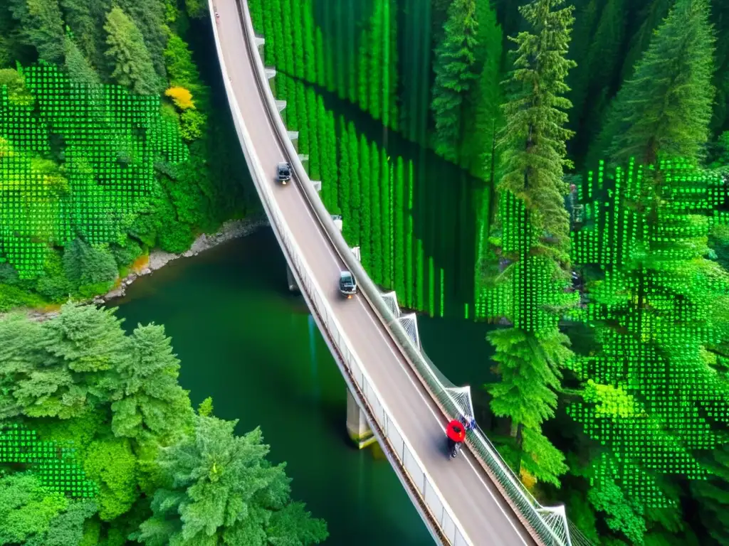 Vista aérea del impresionante puente colgante Capilano rodeado de exuberante vegetación, resaltando su historia, arquitectura y belleza natural