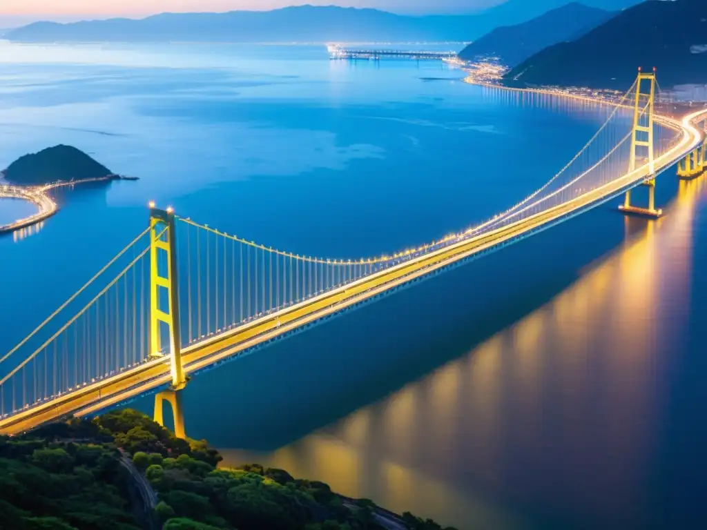 Vista aérea impresionante del puente Akashi Kaikyo en Japón, uno de los puentes más grandes del mundo, destacando su majestuosidad y precisión en una mañana tranquila