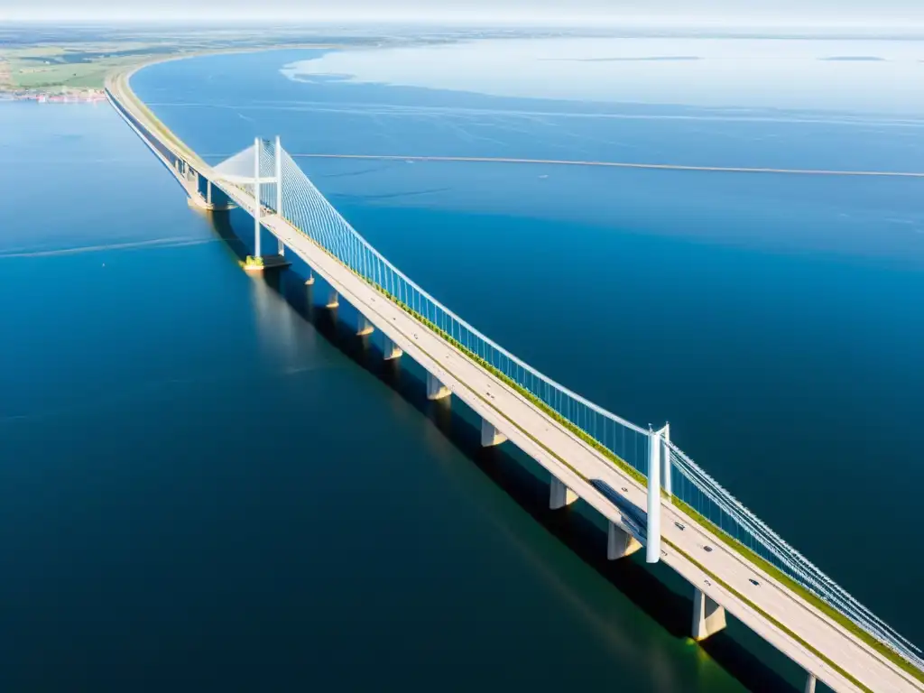 Vista aérea impresionante del Puente de Øresund, uniendo Suecia y Dinamarca sobre aguas azules