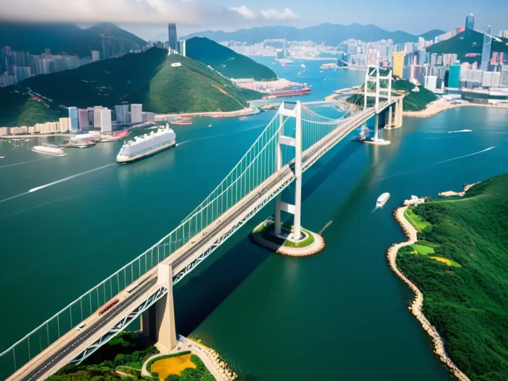 Vista aérea impresionante del Puente de Tsing Ma Hong Kong, con su intrincada red de cables y el paisaje circundante