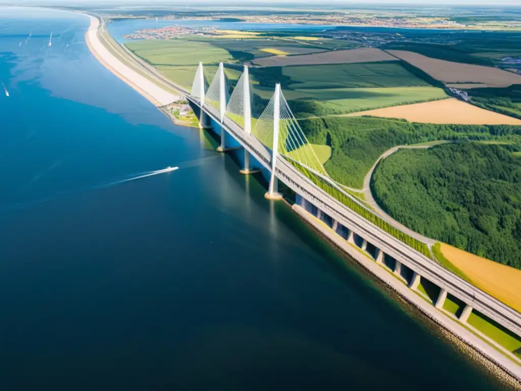Espectacular vista aérea del Puente de Oresund entre Dinamarca y Suecia Vista aérea impresionante del Puente de Oresund conectando Dinamarca y Suecia, destacando su diseño arquitectónico y la proeza ingenieril