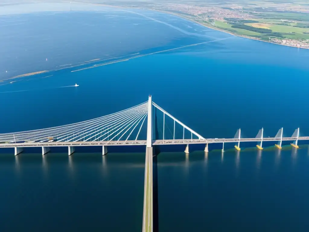 Esplendor del Puente de Oresund: Unión entre Suecia y Dinamarca Vista aérea del impresionante Puente de Oresund, mezcla de arquitectura y naturaleza