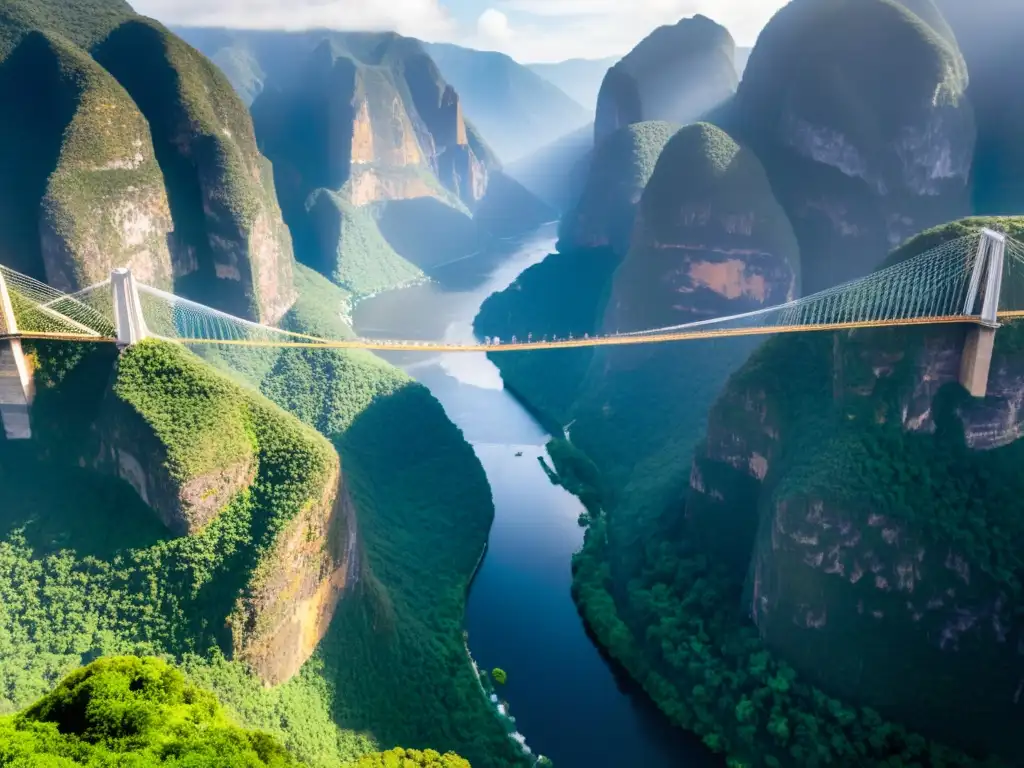 Vista aérea impresionante del Puente de la Confianza y su red de senderos y puentes colgantes sobre el Cañón del Sumidero