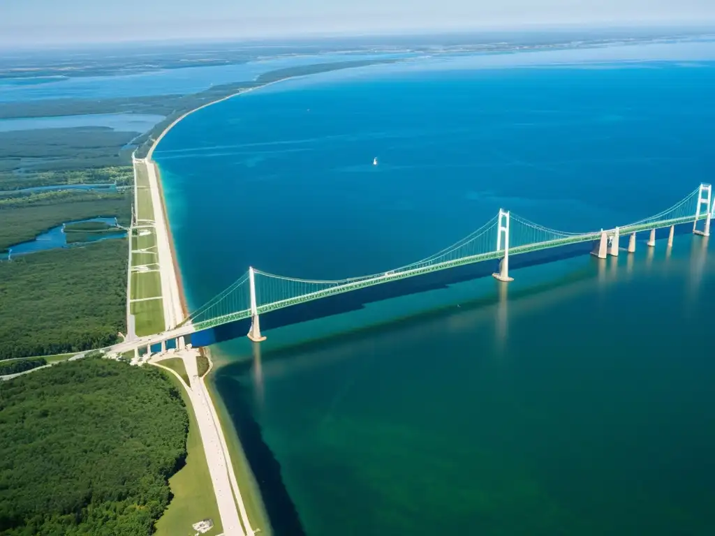 Vista aérea impresionante del Puente de Mackinac, con su arquitectura suspendida y majestuosa