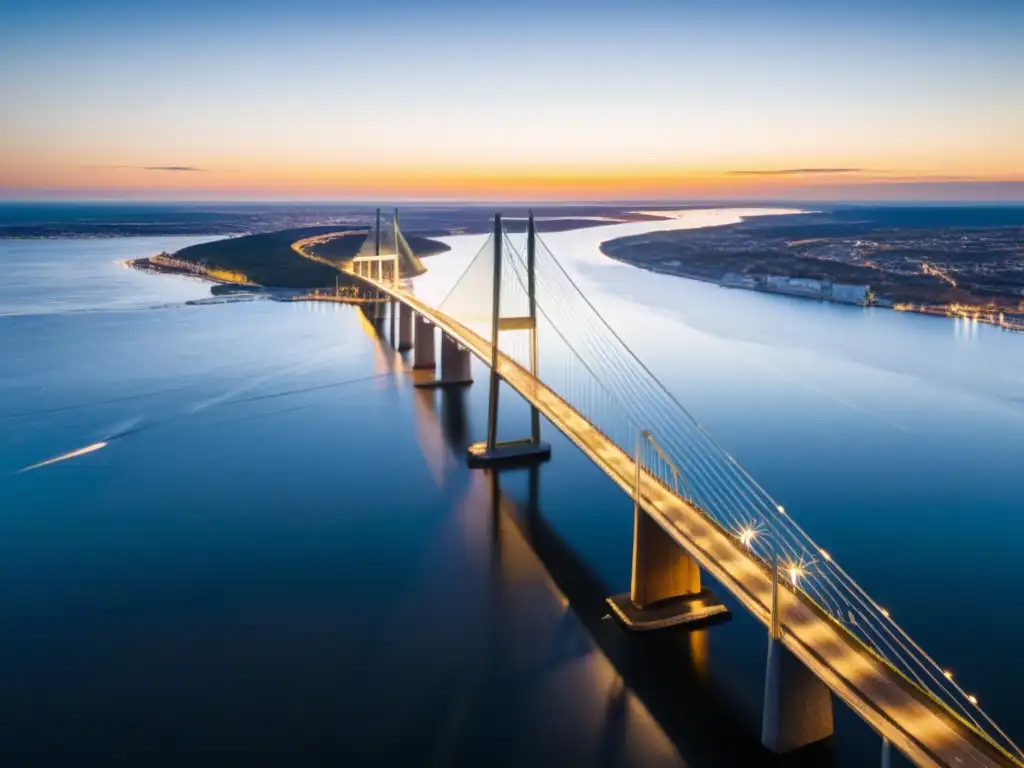 Puente de Oresund al atardecer: majestuosidad en el horizonte Vista aérea impresionante del Puente de Oresund, con el sol poniéndose detrás, bañando todo en un cálido resplandor dorado