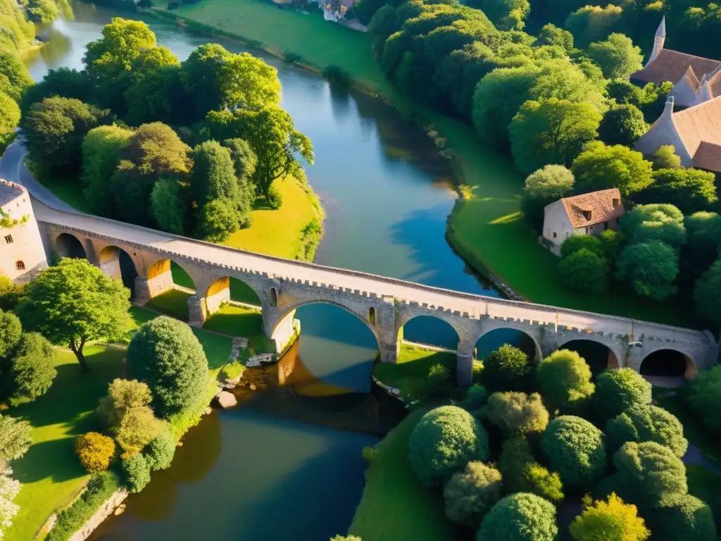 Vista aérea impresionante del puente medieval sobre río sereno, bañado por luz dorada al atardecer