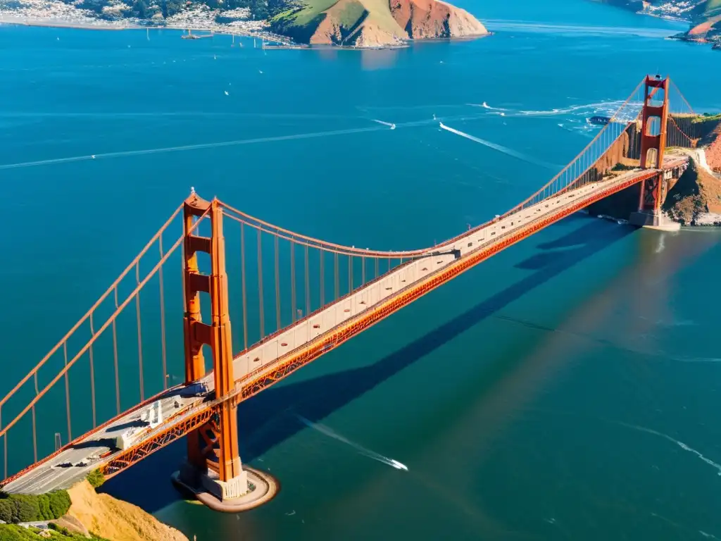 Vista aérea del impresionante Puente Golden Gate en San Francisco, destacando su diseño estructural y su majestuosidad entre la ciudad y las colinas