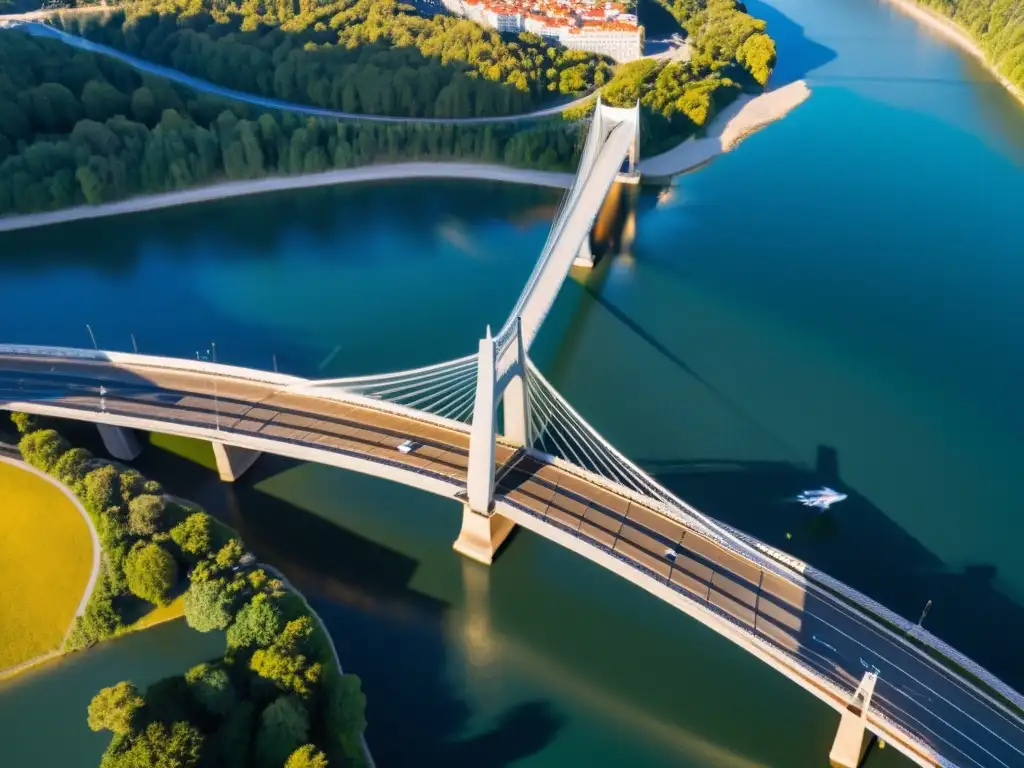 Vista aérea impresionante de un puente, revelando detalles arquitectónicos y su integración en el paisaje