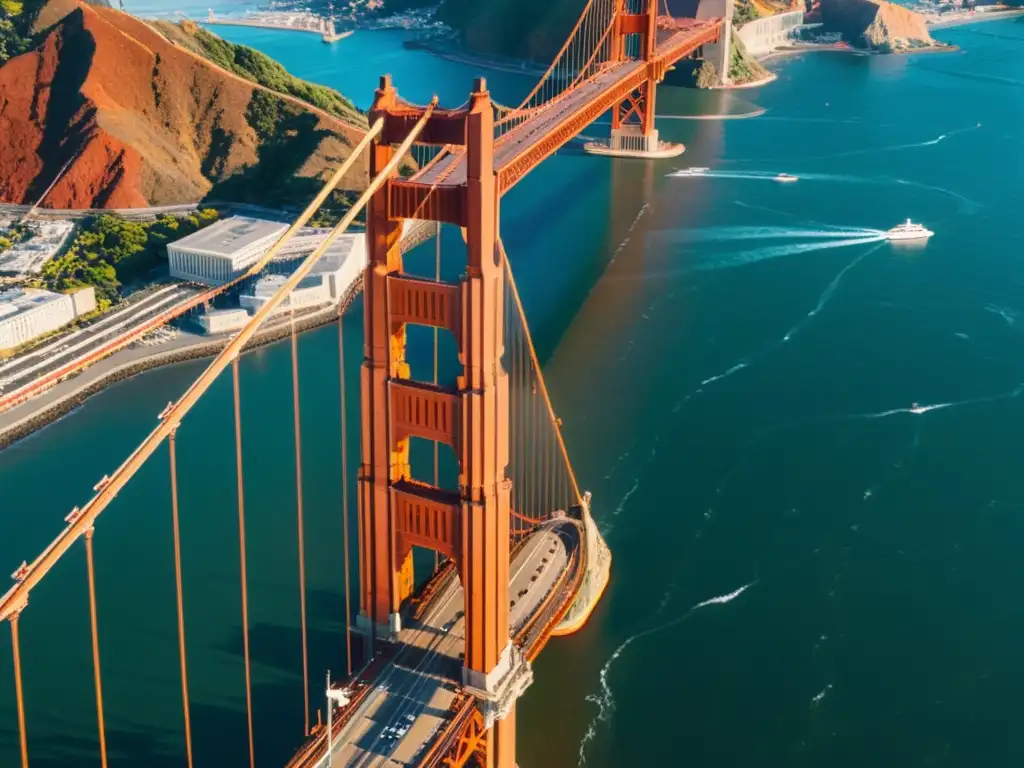 Vista aérea del impresionante Puente Golden Gate en San Francisco, mostrando su diseño intrincado y la majestuosa ciudad en el fondo