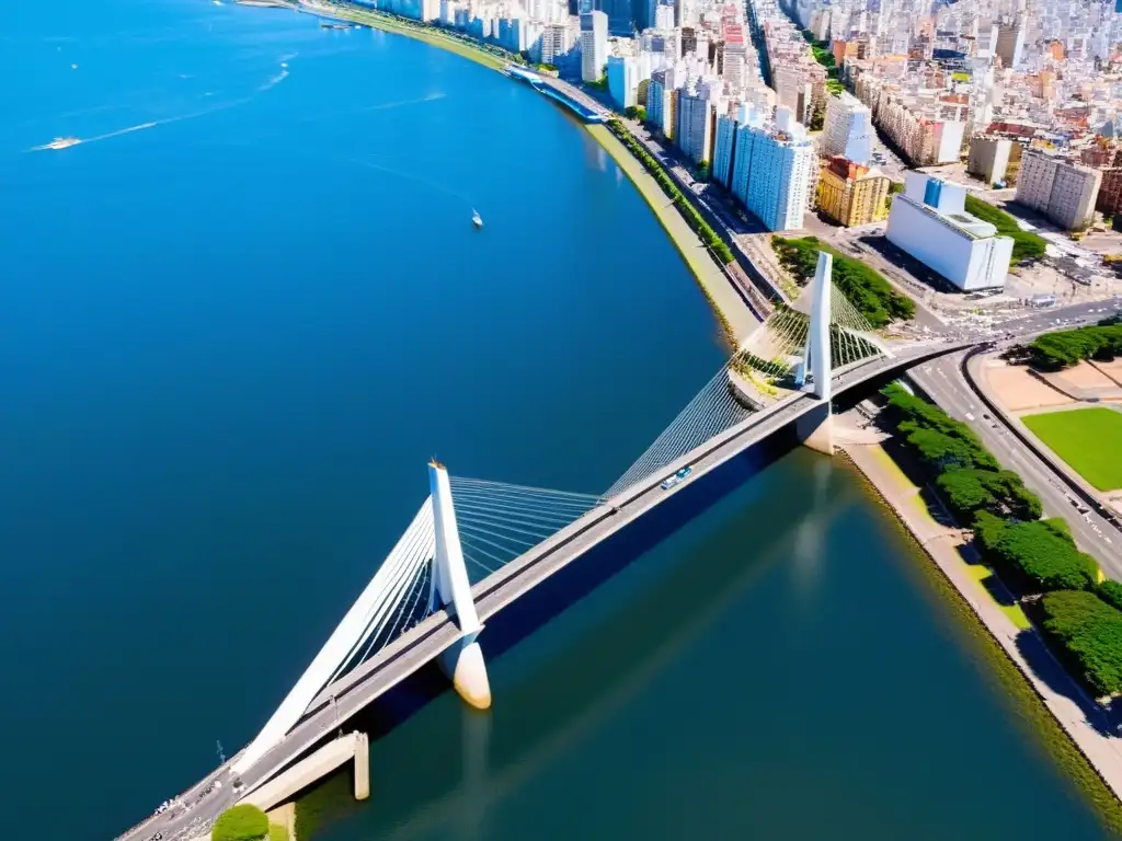 Vista aérea impresionante del Puente de la Mujer en Buenos Aires, reflejando la modernidad y elegancia de la arquitectura urbana