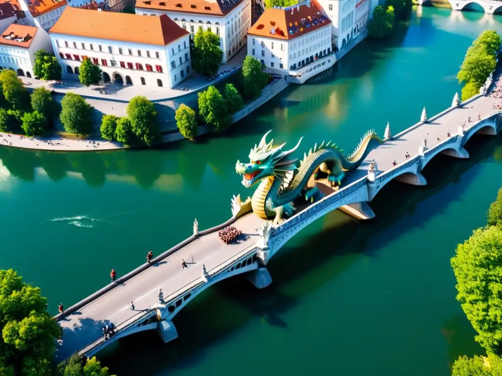 Vista aérea impresionante del Puente del Dragón en Ljubljana, Eslovenia, con detalles arquitectónicos y esculturas de dragones destacando su historia y belleza