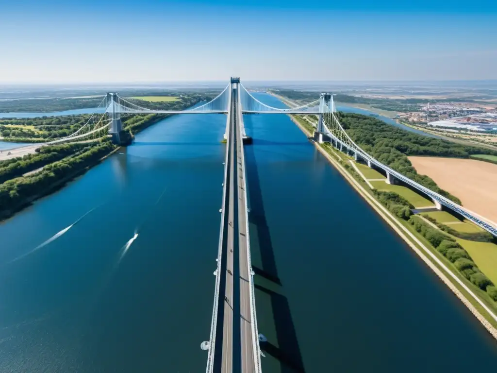 Vista aérea impresionante de un puente de suspensión moderno sobre un río, resaltando su diseño contemporáneo y su fortaleza