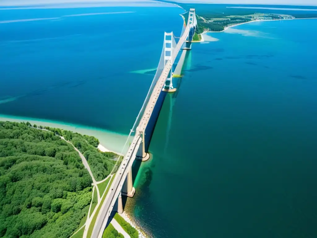 Vista aérea impresionante del Puente Mackinac en Michigan, destacando su impacto en la región