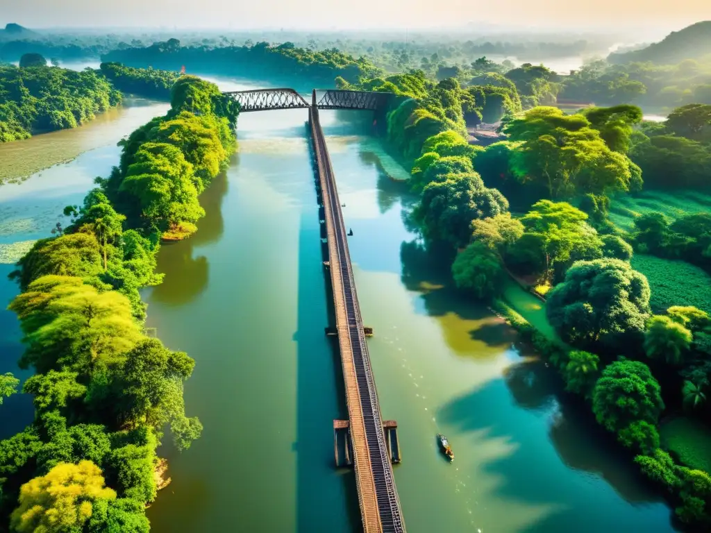 Vista aérea del impresionante Puente sobre el río Kwai, mostrando su estructura metálica y la exuberante vegetación