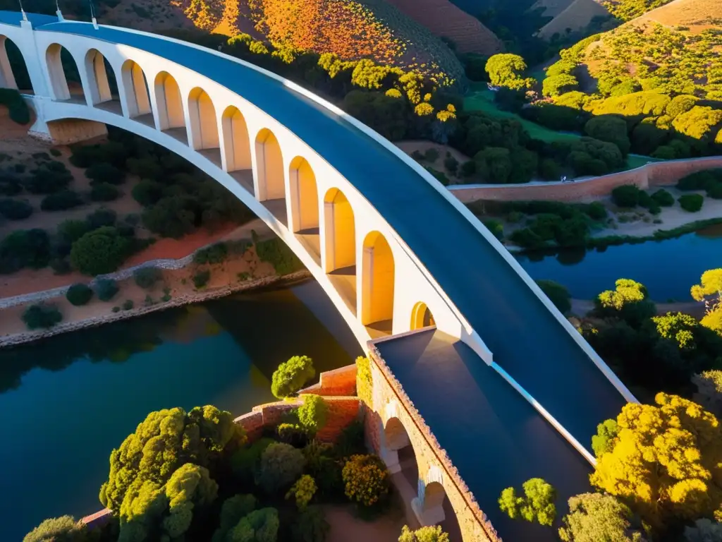 Vista aérea impresionante del Puente de San Luis Rey, bañado por la luz de la mañana y rodeado de naturaleza exuberante