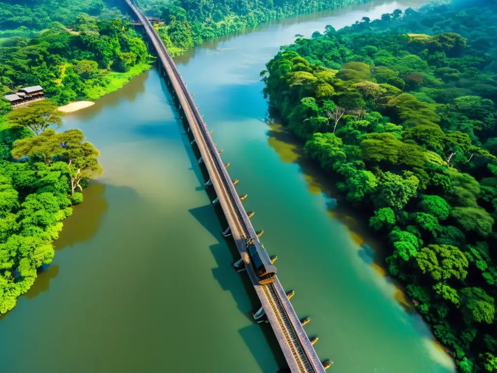 Vista aérea impresionante del Puente sobre el río Kwai historia en Tailandia, rodeado de exuberante paisaje tropical y luz filtrada entre los árboles