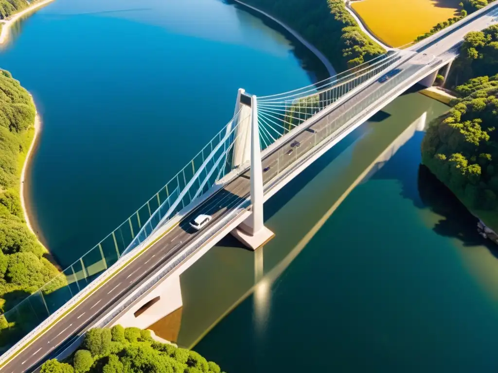 Vista aérea impresionante de un puente moderno con vidrio estructural, reflejando la luz solar y su integración en el paisaje