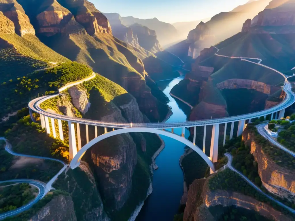 Vista aérea impresionante del Puente Baluarte desafiando el cañón al atardecer, resaltando su diseño moderno y la naturaleza imponente