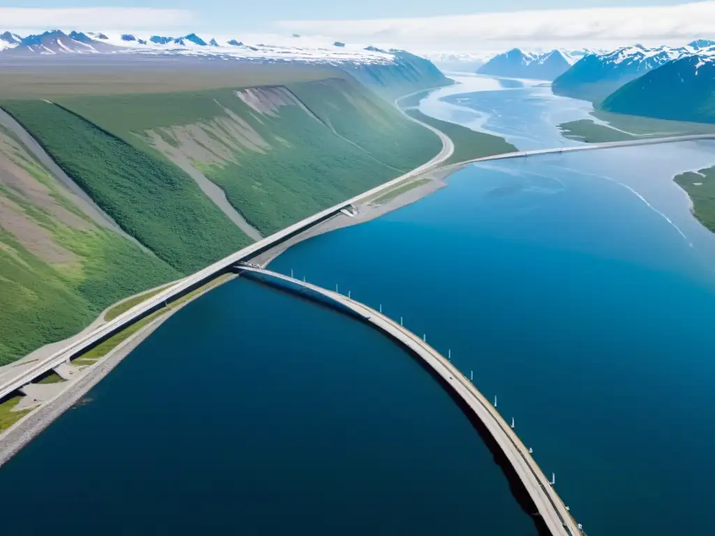 Vista aérea del impresionante Puente sobre el Estrecho de Bering, un prodigio de ingeniería moderna que une Rusia y Alaska