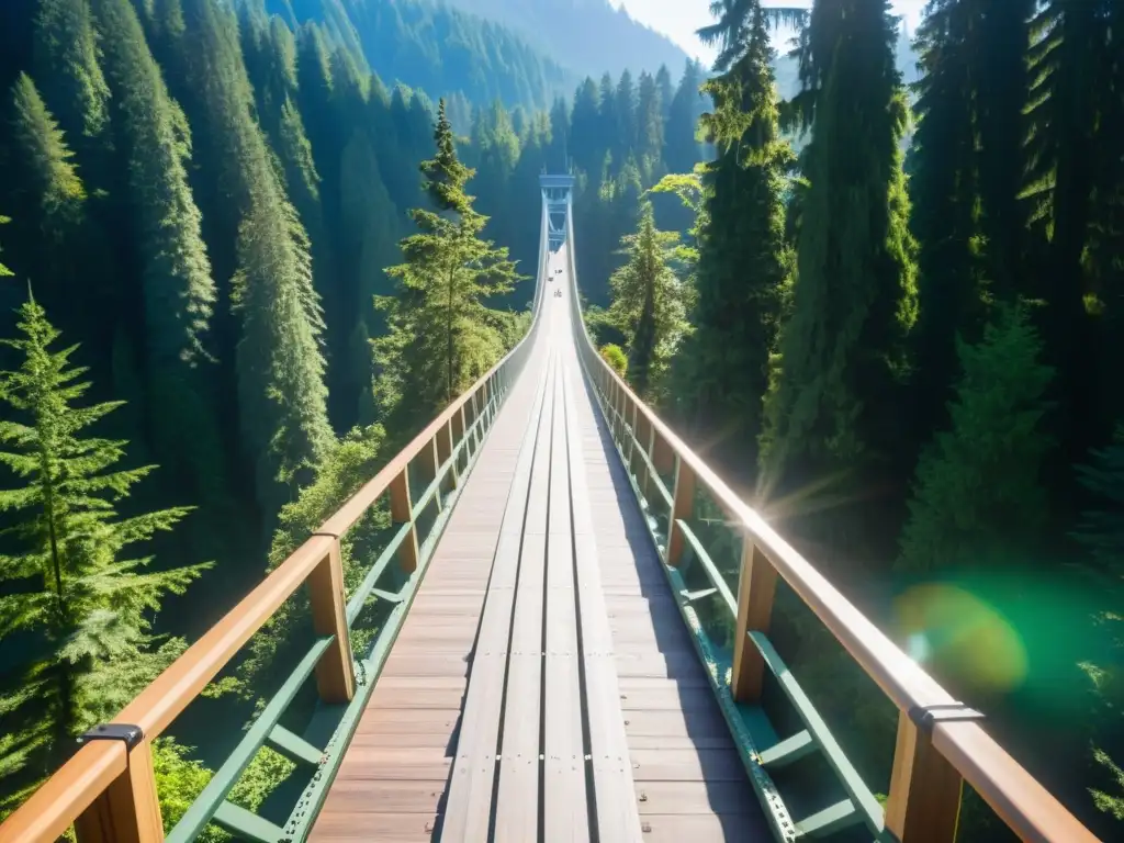 Vista aérea del impresionante Puente Colgante Capilano, mostrando su diseño intrincado y su resistencia, con cables de suspensión y paisaje natural