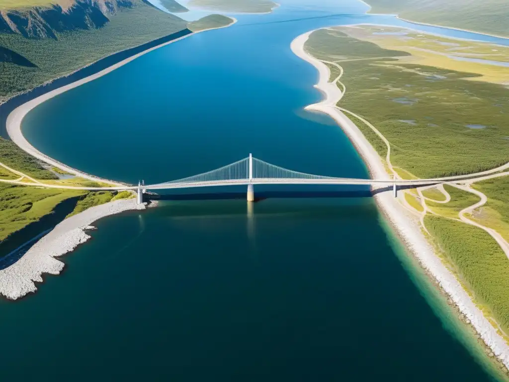 Vista aérea del impresionante puente sobre el Estrecho de Bering, con cables, pilares y paisaje natural, reflejando grandiosidad y perspectiva