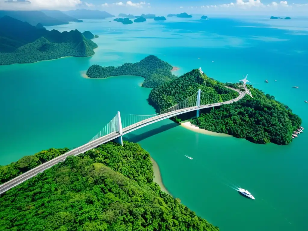 Vista aérea impresionante del Puente de Langkawi Sky en Malasia, flotando sobre el exuberante paisaje verde y el mar de Andamán al fondo