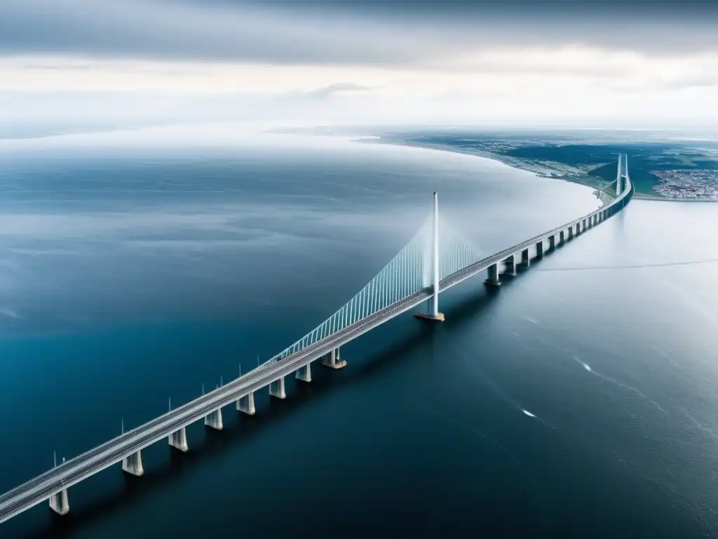 Vista aérea impresionante del Puente de Oresund, uniendo países en medio de la niebla y un paisaje natural, destacando su historia y arquitectura