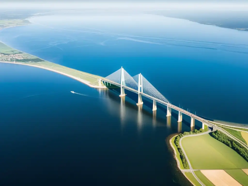 Vista aérea impresionante del Puente de Øresund conexión Dinamarca Suecia, en paisaje escandinavo