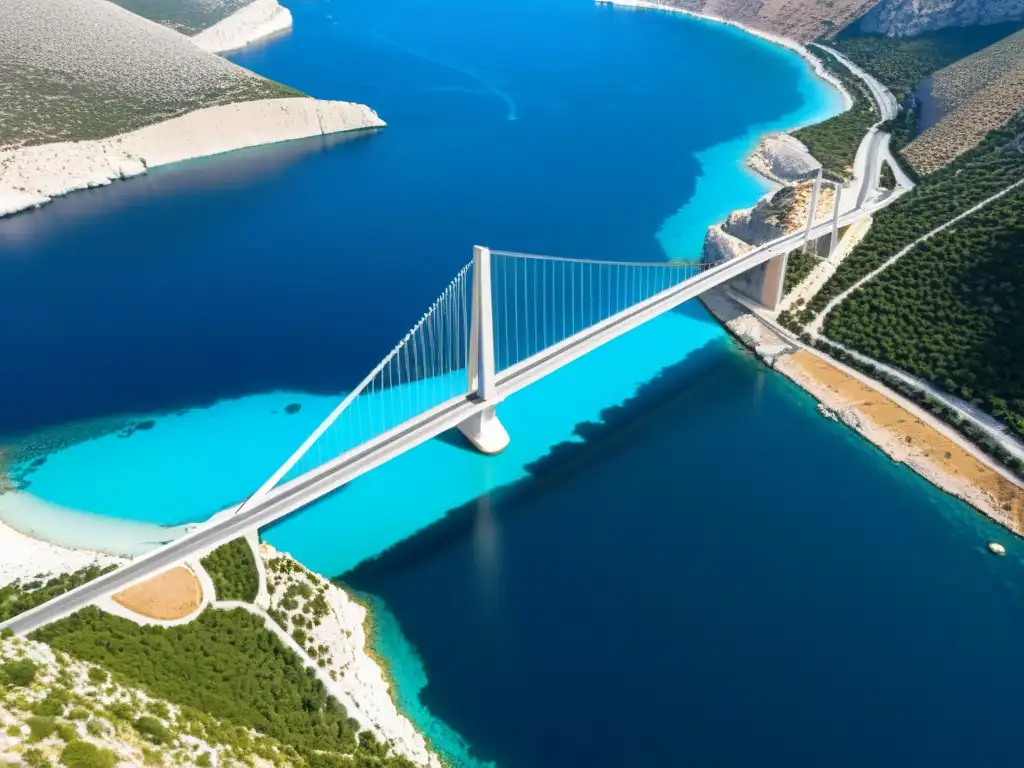 Vista aérea impresionante del puente Rion-Antirion en Grecia, muestra su diseño moderno y tecnología antisísmica en un entorno natural espectacular