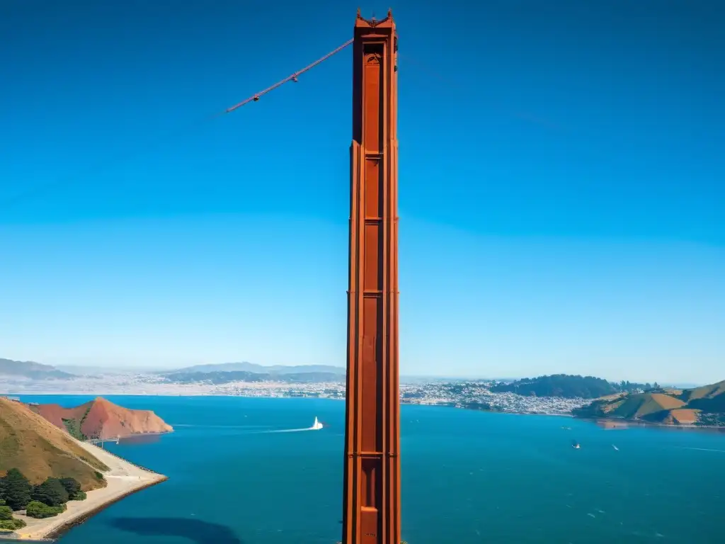 Vista aérea del impresionante Puente Golden Gate de San Francisco, resaltando su historia y diseño geométrico, sobre el agua azul de la bahía