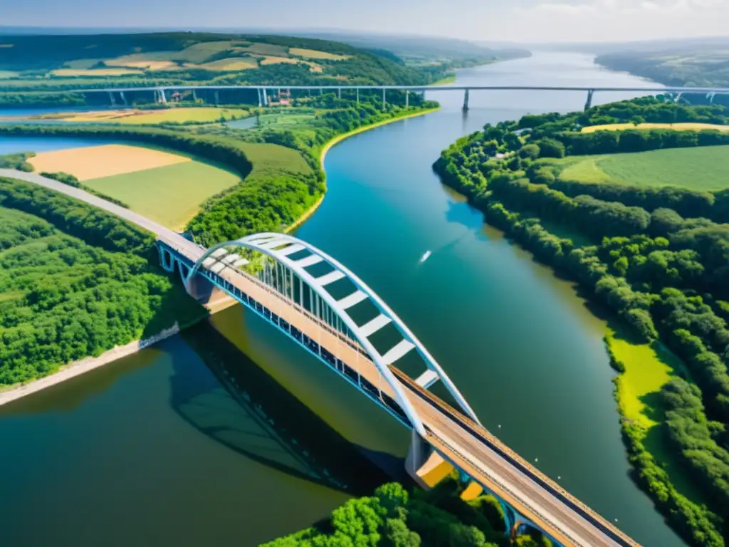 Vista aérea de un impresionante puente icónico sobre un río, reflejos en el agua