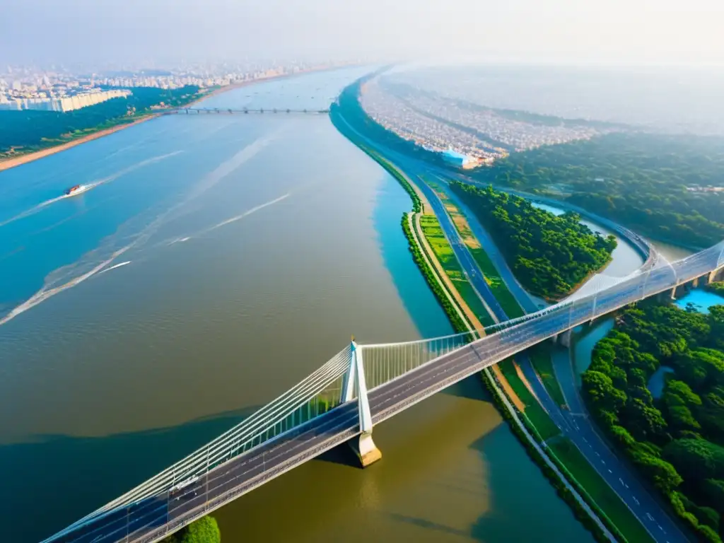 Vista aérea del impresionante Puente Vidyasagar Setu en la India, destacando su arquitectura y el bullicioso tráfico sobre el río Hooghly