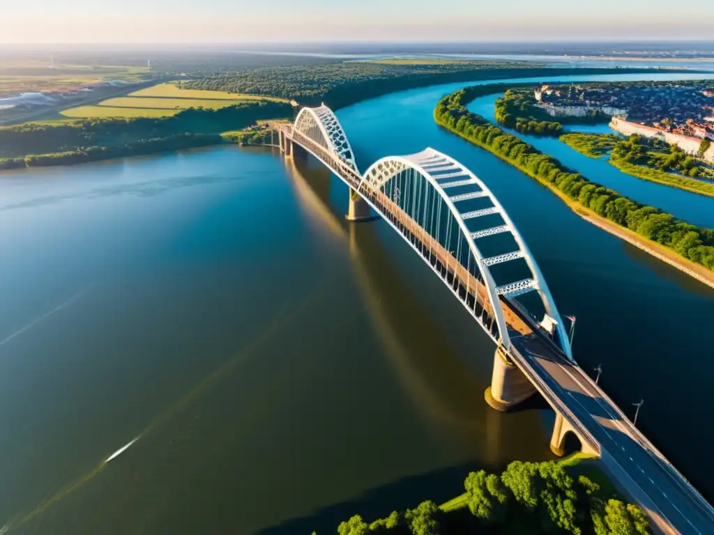 Vista aérea impresionante de un puente icónico sobre un río, resaltando la integración de la ingeniería moderna con el entorno natural