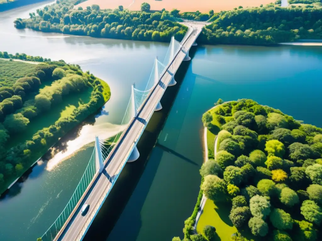 Espléndido puente moderno sobre río: diseño elegante y armonía natural Vista aérea impresionante de un puente moderno sobre un río, integrado en un entorno natural exuberante