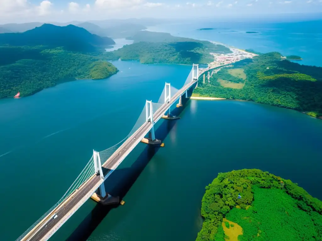 Vista aérea impresionante del Puente del Atlántico en Panamá, uniendo continentes sobre aguas azules y rodeado de exuberante vegetación tropical