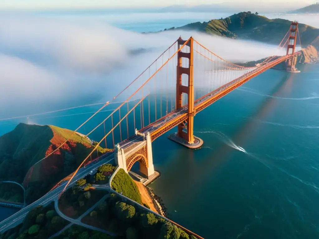 Vista aérea impresionante del puente Golden Gate en San Francisco, con sus tonos rojizo-naranja sobre las aguas azules de la bahía