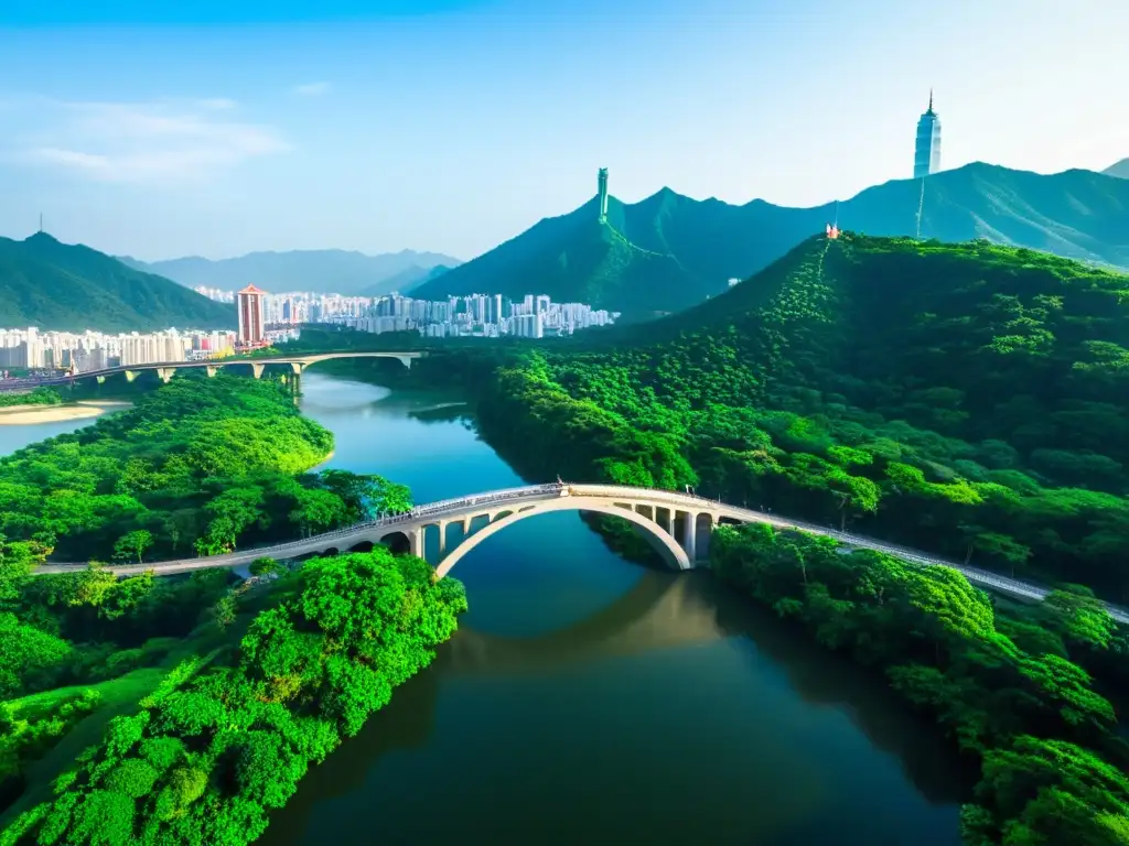 Vista aérea impresionante del tranquilo Puente de la Luna en Taipei, rodeado de exuberante vegetación y aguas serenas, con la ciudad al fondo