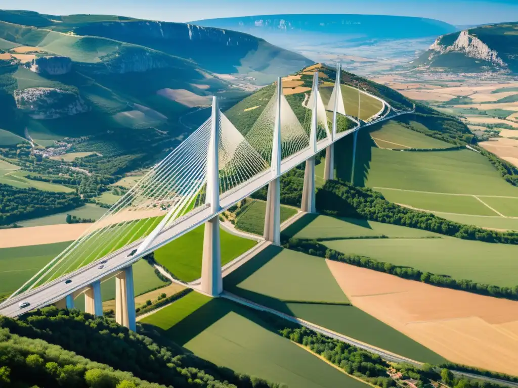 Vista aérea del impresionante Viaducto de Millau en Francia, destacando su elegante estructura y su integración arquitectónica perfecta en el paisaje