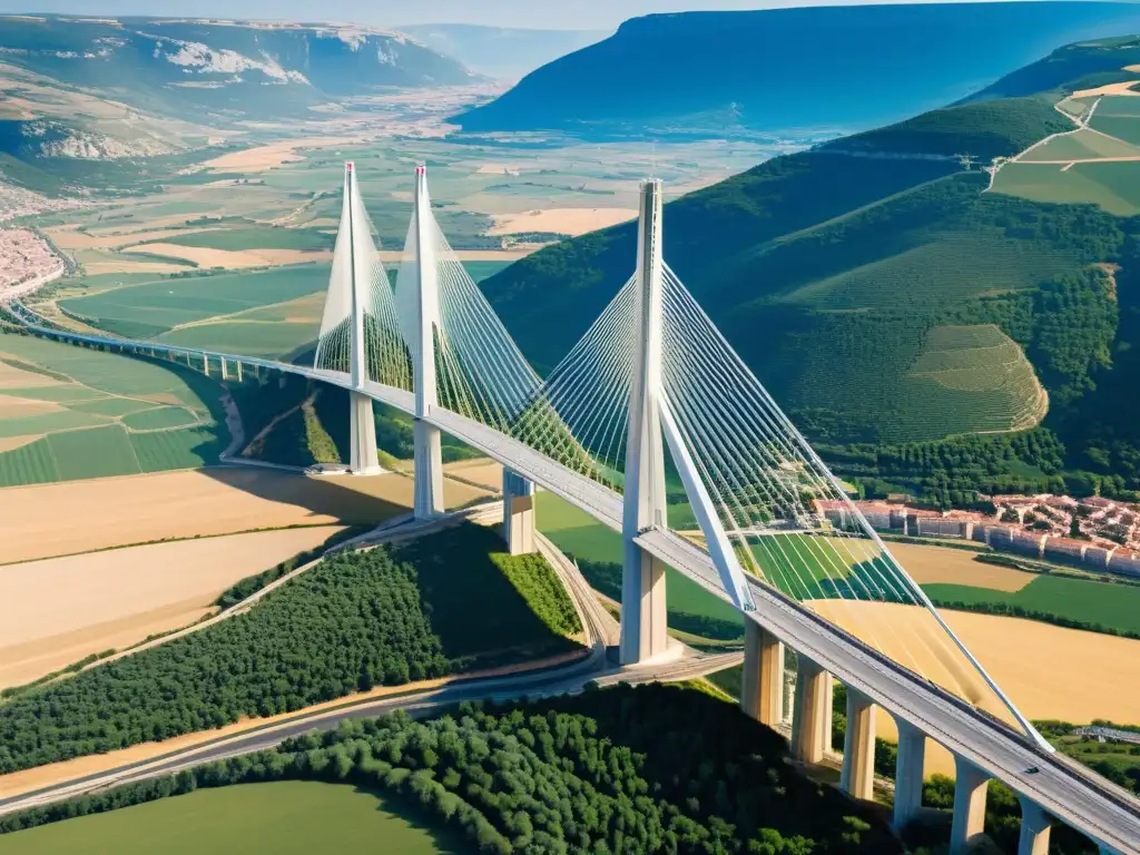 Vista aérea del impresionante Viaducto de Millau en Francia, destacando su diseño arquitectónico y su integración con el paisaje natural