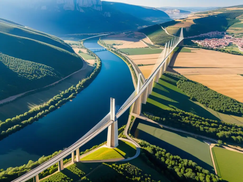 Vista aérea impresionante del Viaducto de Millau, destacando su diseño arquitectónico elegante y su escala imponente sobre el paisaje francés