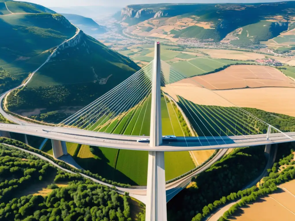 Vista aérea del impresionante Viaducto de Millau en Francia, resaltando su diseño moderno y elegante