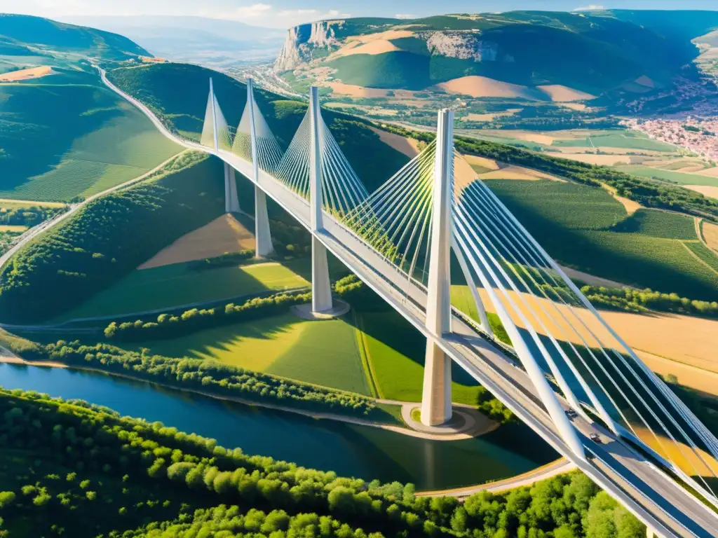 Vista aérea del impresionante Viaducto de Millau en Francia, destacando su innovador diseño y su integración armoniosa con el entorno natural